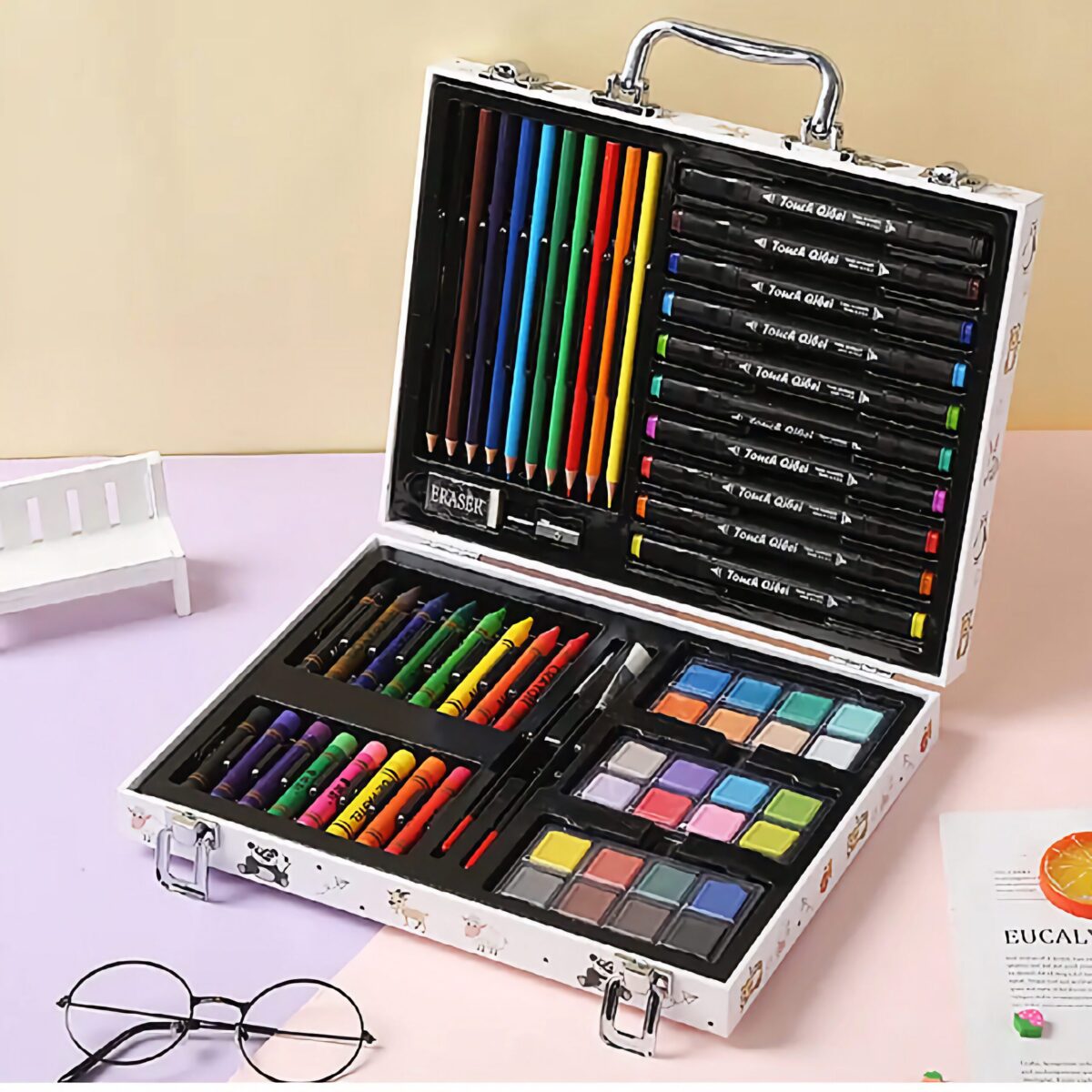 Trusa Pictura si Desen, Valiza Metalica, 64 de Articole, Carte de Colorat, Incluse Culori Tempera Pastel, 30 x 25 x 5 cm - imagine 2