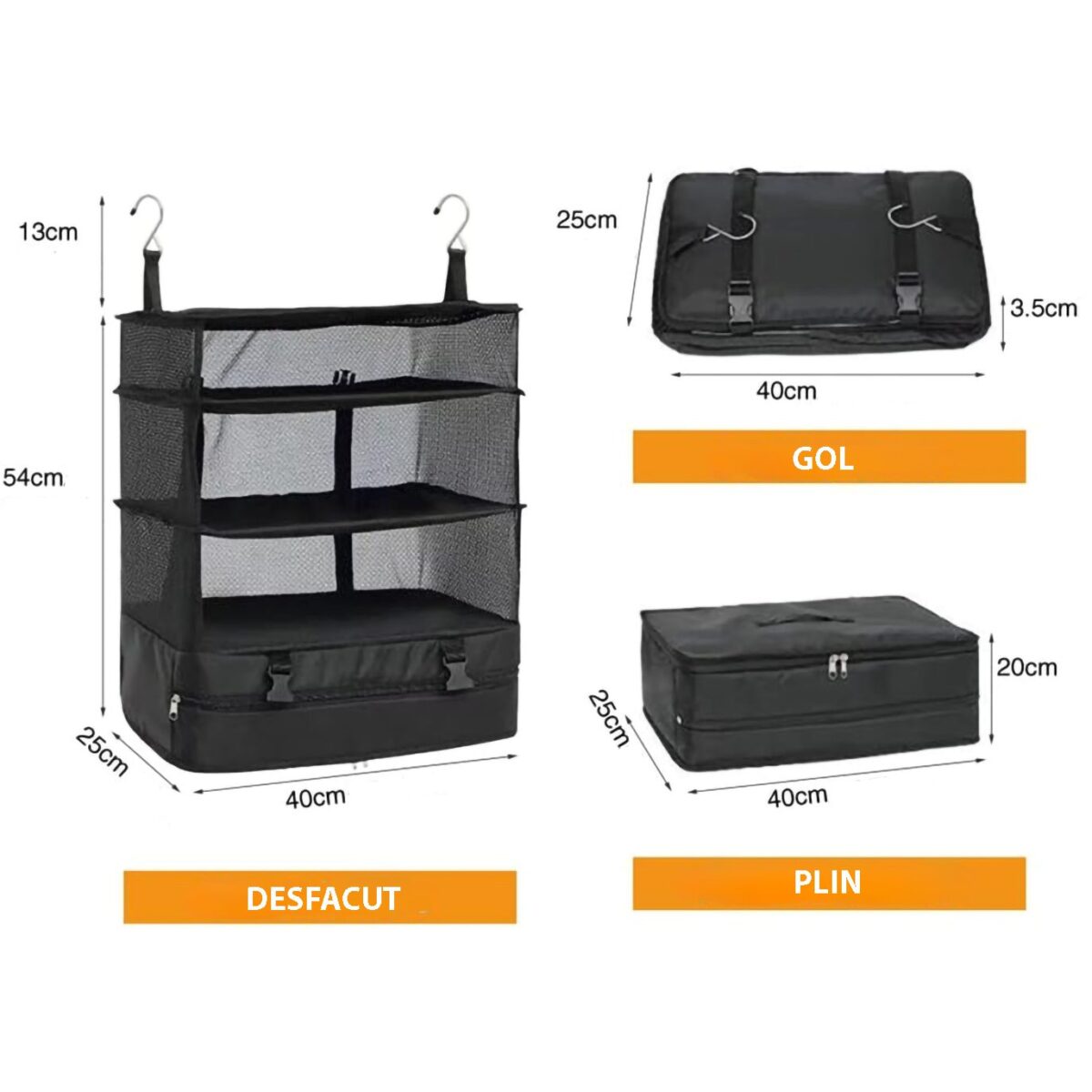 Organizator Pliabil de Bagaje, 3 Nivele, Compartiment pentru Pantofi, Raft de Depozitare, Impermeabil, Portabil, Dimensiune 40 x 26 x 54 cm, Negru - imagine 4