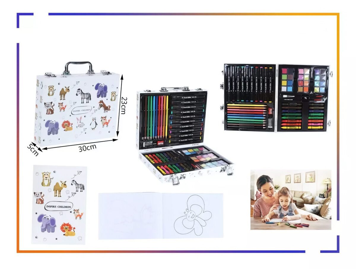 Trusa Pictura si Desen, Valiza Metalica, 64 de Articole, Carte de Colorat, Incluse Culori Tempera Pastel, 30 x 25 x 5 cm - imagine 8