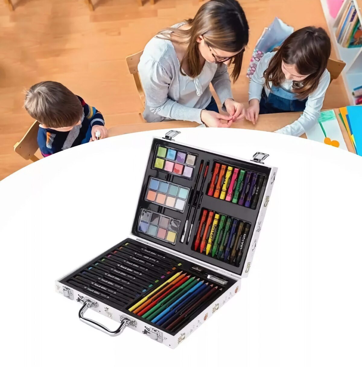 Trusa Pictura si Desen, Valiza Metalica, 64 de Articole, Carte de Colorat, Incluse Culori Tempera Pastel, 30 x 25 x 5 cm - imagine 7