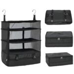 Organizator Pliabil de Bagaje, 3 Nivele, Compartiment pentru Pantofi, Raft de Depozitare, Impermeabil, Portabil, Dimensiune 40 x 26 x 54 cm, Negru
