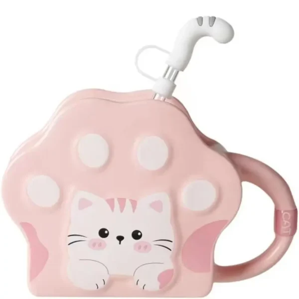 Cana cu motiv pisica din ceramica, roz, cu pai inclus