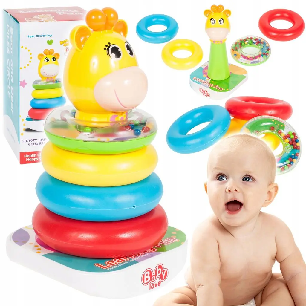 Jucărie bebeluși piramidă cu girafă și inele colorate