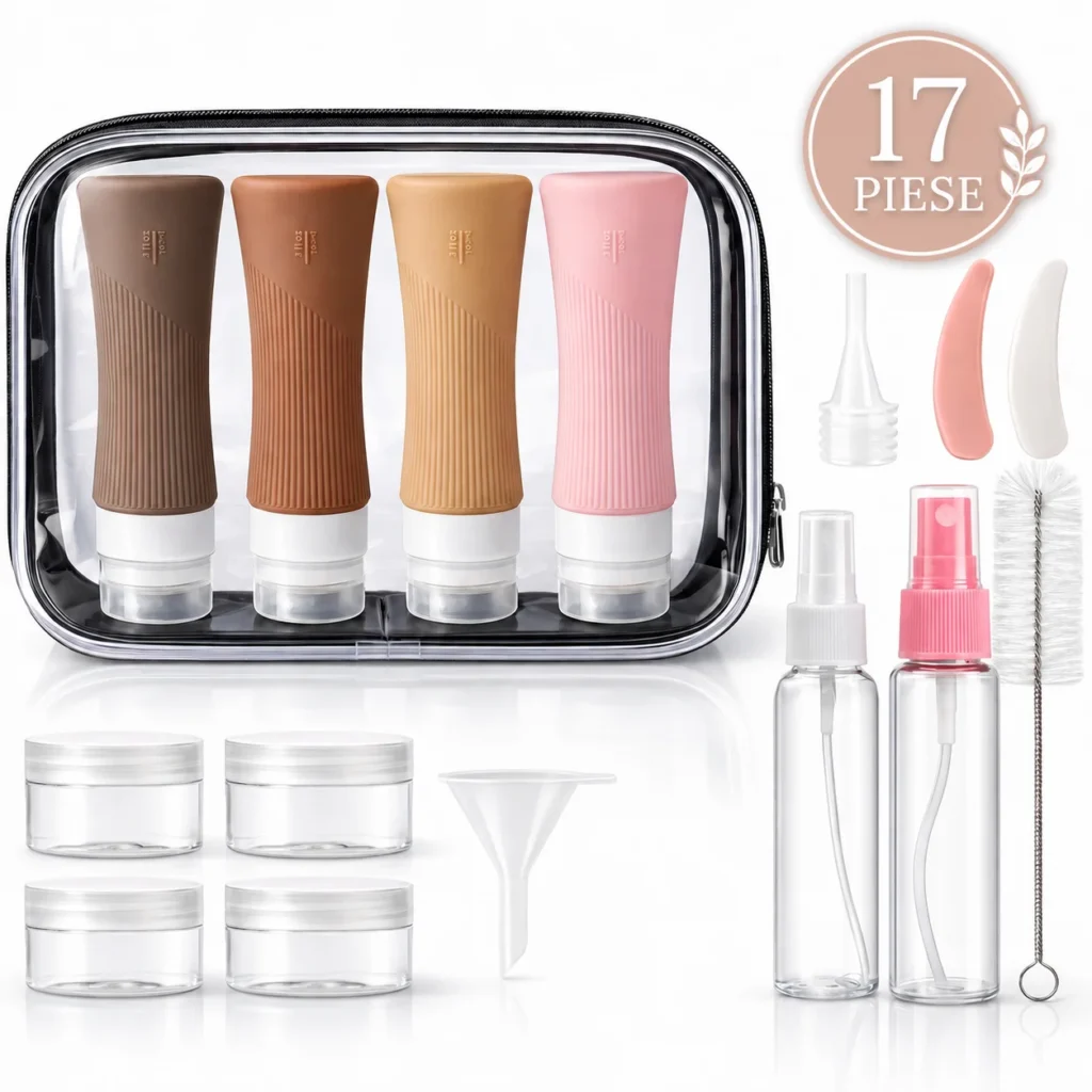 Set recipiente calatorie Miraza 17 piese cu tuburi silicon, sticlute spray, borcanele si gentuta cosmetice