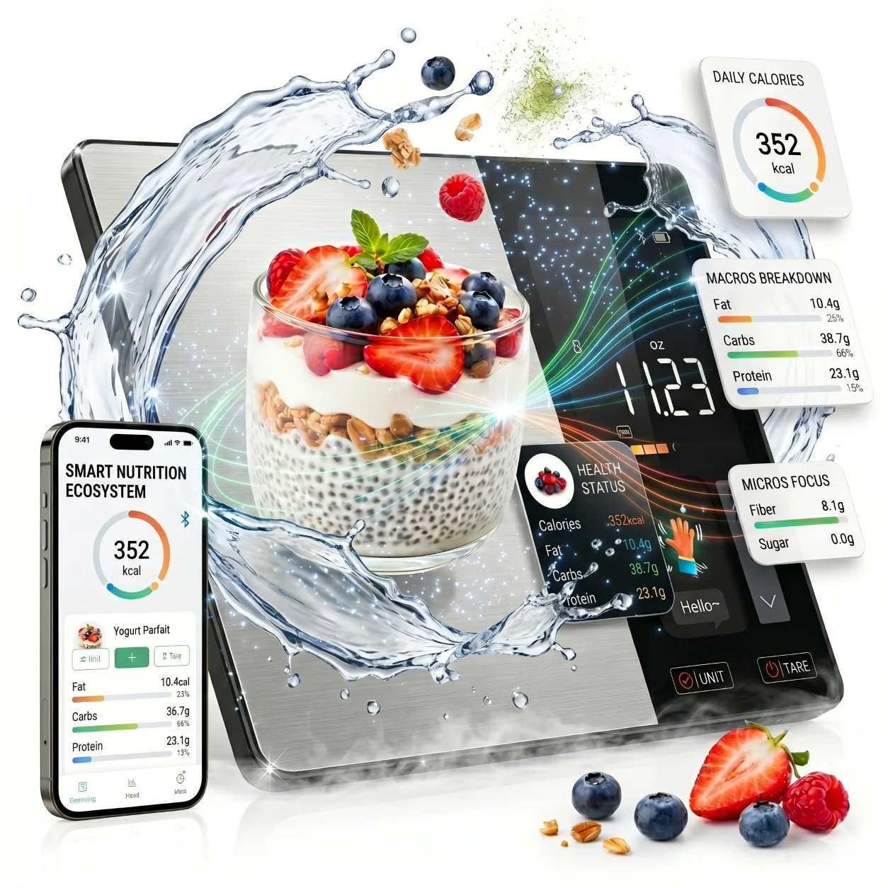 Cantar bucatarie smart Miraza cu Bluetooth, calculator nutritional si aplicatie in romana