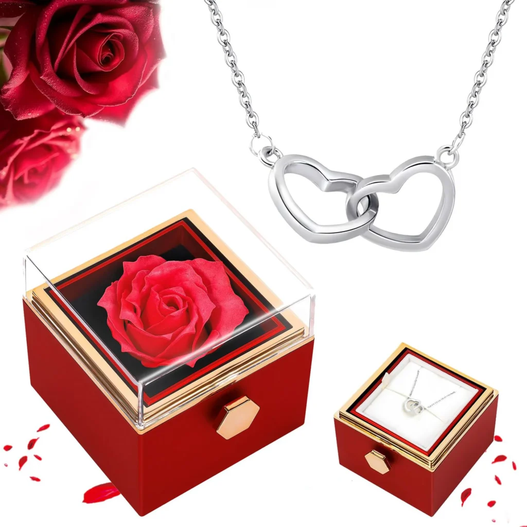Cadou Ziua Îndrăgostiților cu trandafir etern și colier inimă dublă argintiu în cutie rotativă