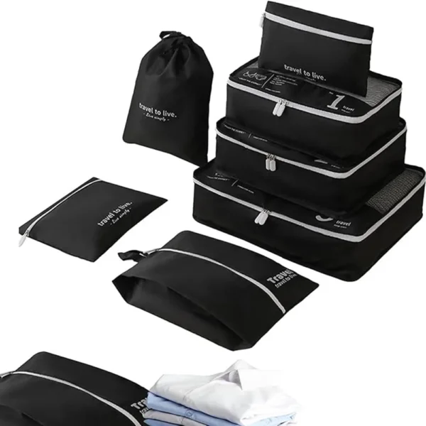 Set 7 organizatoare calatorie Miraza negru mat pentru haine impachetate ordonat