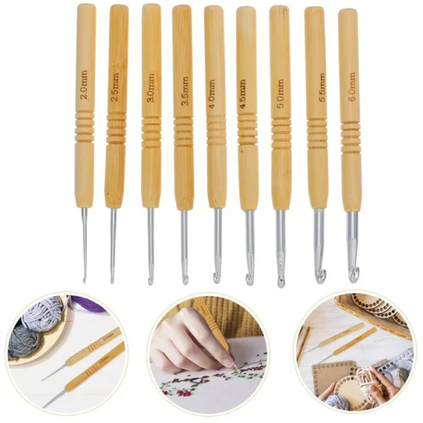 Set 9 crosete bambus Miraza 2-6 mm cu carlig aluminiu pentru tricotat si crosetat