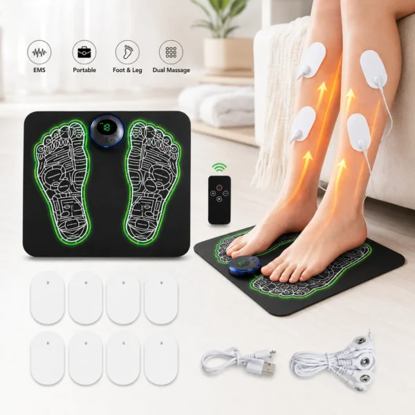 Set complet aparat masaj picioare EMS Miraza cu pad pentru talpi, telecomanda, cablu USB-C si 8 electrozi pentru corp
