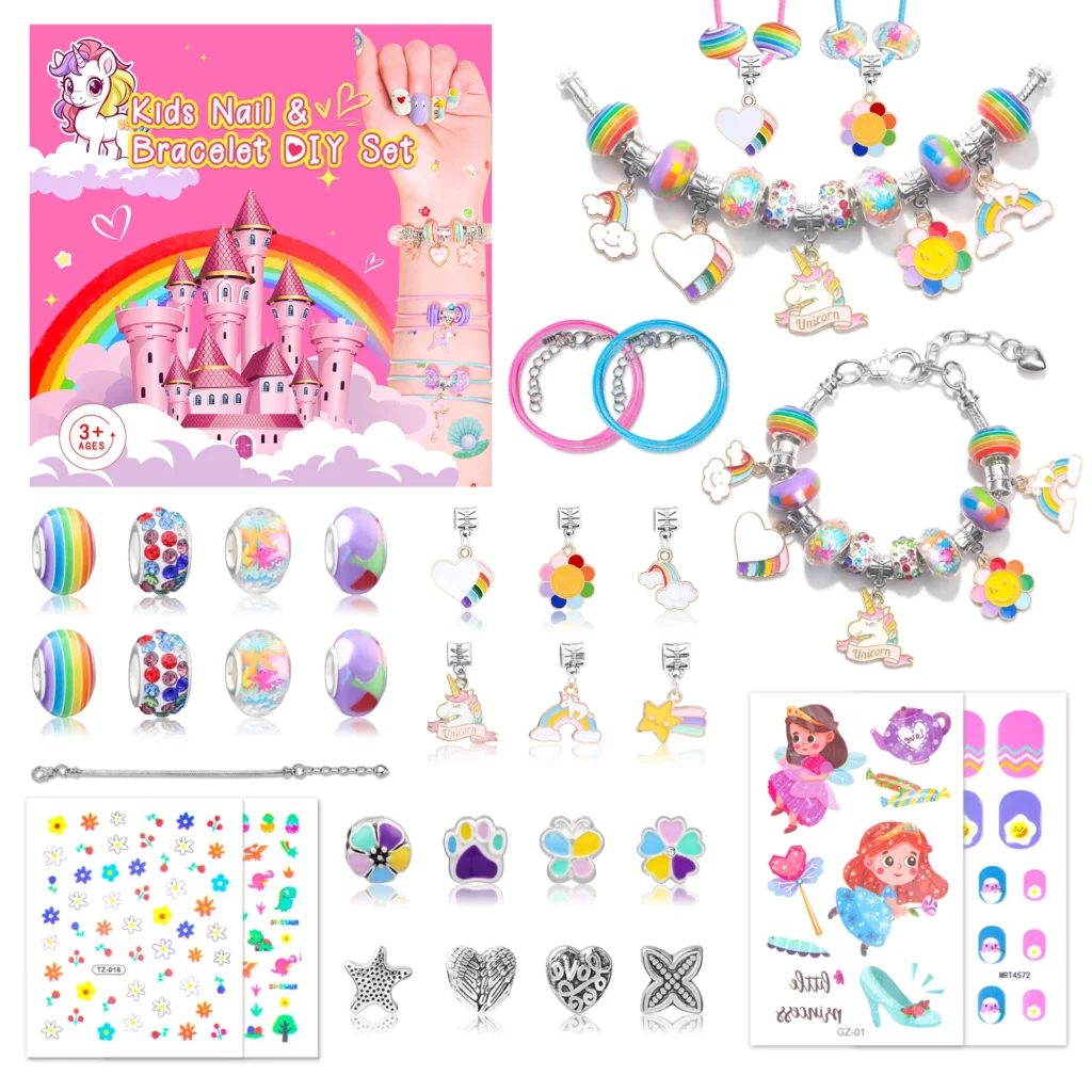 Kit bratari charmuri Miraza, set DIY cu margele, talismane, bratari reglabile si stickere nail art pentru fete