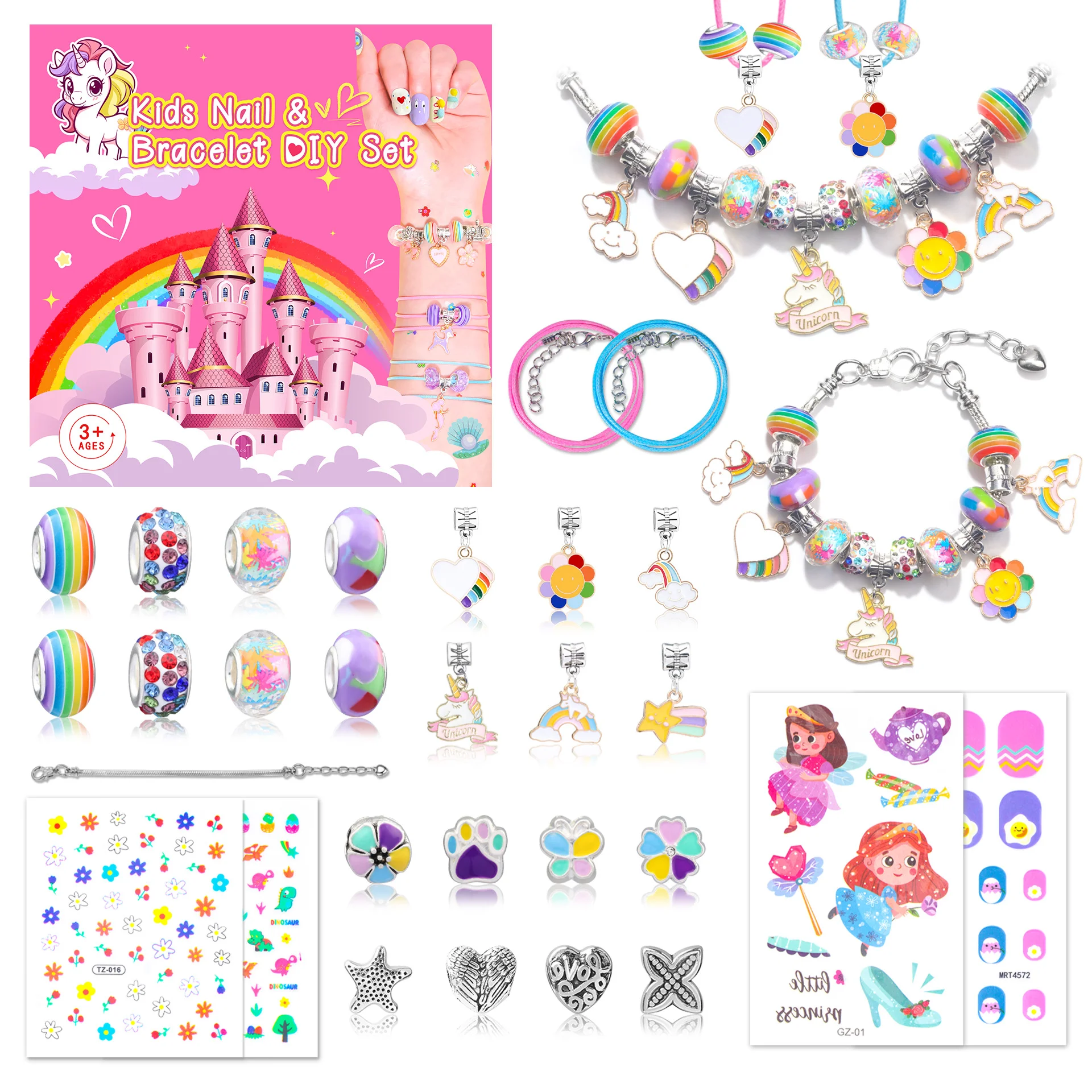 Kit bratari charmuri Miraza, set DIY cu margele, talismane, bratari reglabile si stickere nail art pentru fete