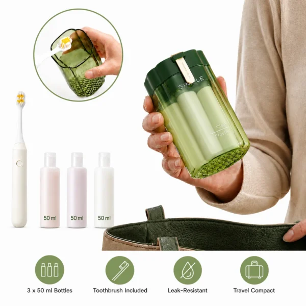 Set recipiente calatorie Miraza cu 3 sticlute de 50 ml, periuta de dinti si husa compacta verde