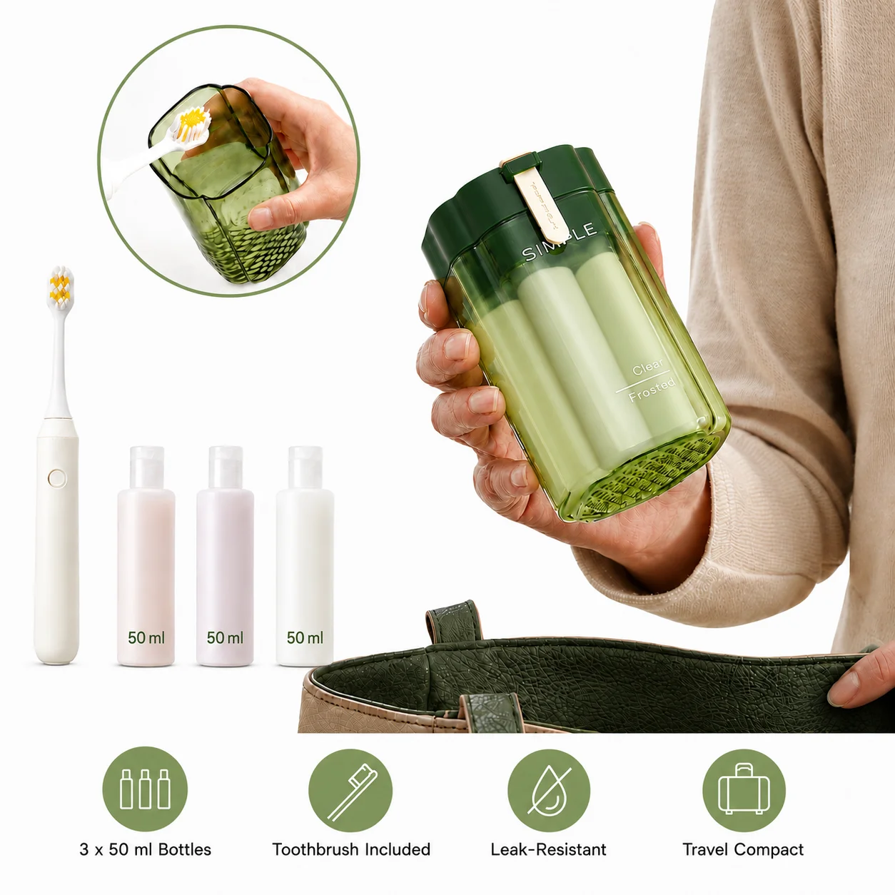 set-recipiente-calatorie-miraza-3-sticlute-periuta Set recipiente calatorie Miraza cu 3 sticlute de 50 ml, periuta de dinti si husa compacta verde
